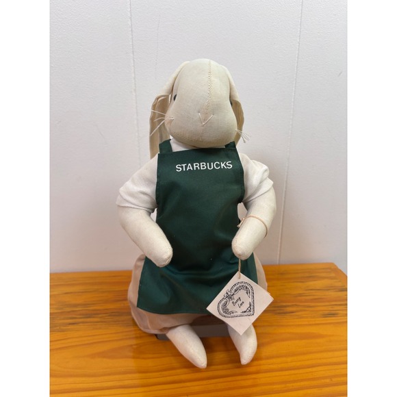 Handmade Starbucks Coffee Inspired Bunny Barista‎ Cloth Stuffed Rabbit Signed - Picture 1 of 12